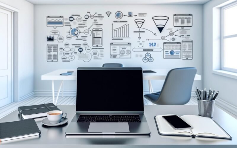 Moderner Arbeitsplatz mit Laptop, Tablet, Smartphone und Whiteboards mit Marketing-Diagrammen in einem hellen, minimalistischen Büro.