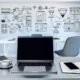 Moderner Arbeitsplatz mit Laptop, Tablet, Smartphone und Whiteboards mit Marketing-Diagrammen in einem hellen, minimalistischen Büro.