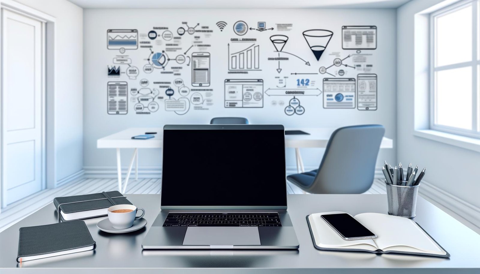 Moderner Arbeitsplatz mit Laptop, Tablet, Smartphone und Whiteboards mit Marketing-Diagrammen in einem hellen, minimalistischen Büro.