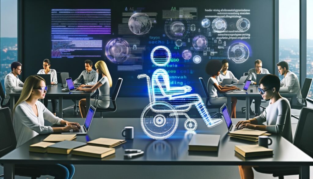 Modern gestalteter Redaktionsraum mit Personen an Laptops, AI-Tools, Roboterarm, Hologrammen und großen Google-SERP-Grafiken an der Wand.