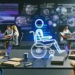 Modern gestalteter Redaktionsraum mit Personen an Laptops, AI-Tools, Roboterarm, Hologrammen und großen Google-SERP-Grafiken an der Wand.