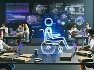 Modern gestalteter Redaktionsraum mit Personen an Laptops, AI-Tools, Roboterarm, Hologrammen und großen Google-SERP-Grafiken an der Wand.