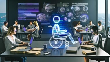 Modern gestalteter Redaktionsraum mit Personen an Laptops, AI-Tools, Roboterarm, Hologrammen und großen Google-SERP-Grafiken an der Wand.