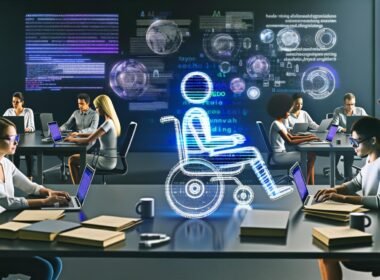 Modern gestalteter Redaktionsraum mit Personen an Laptops, AI-Tools, Roboterarm, Hologrammen und großen Google-SERP-Grafiken an der Wand.