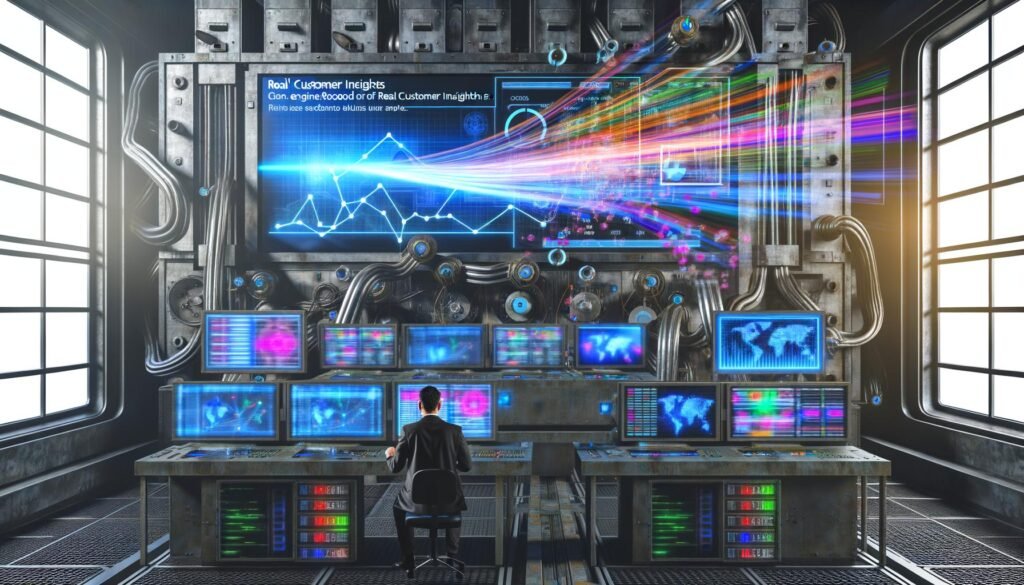 Moderner, cyberpunkartiger Maschinenraum mit digitalen Displays, Datenströmen, Touchscreens voller Analytics-Visualisierungen und einem Operator im Business Casual, umgeben von User-Tracking-Informationen.