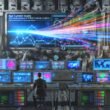 Moderner, cyberpunkartiger Maschinenraum mit digitalen Displays, Datenströmen, Touchscreens voller Analytics-Visualisierungen und einem Operator im Business Casual, umgeben von User-Tracking-Informationen.