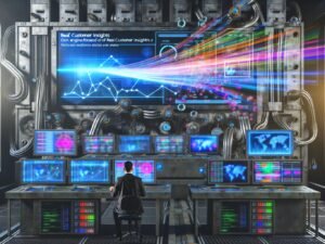 Moderner, cyberpunkartiger Maschinenraum mit digitalen Displays, Datenströmen, Touchscreens voller Analytics-Visualisierungen und einem Operator im Business Casual, umgeben von User-Tracking-Informationen.