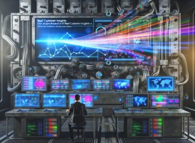 Moderner, cyberpunkartiger Maschinenraum mit digitalen Displays, Datenströmen, Touchscreens voller Analytics-Visualisierungen und einem Operator im Business Casual, umgeben von User-Tracking-Informationen.