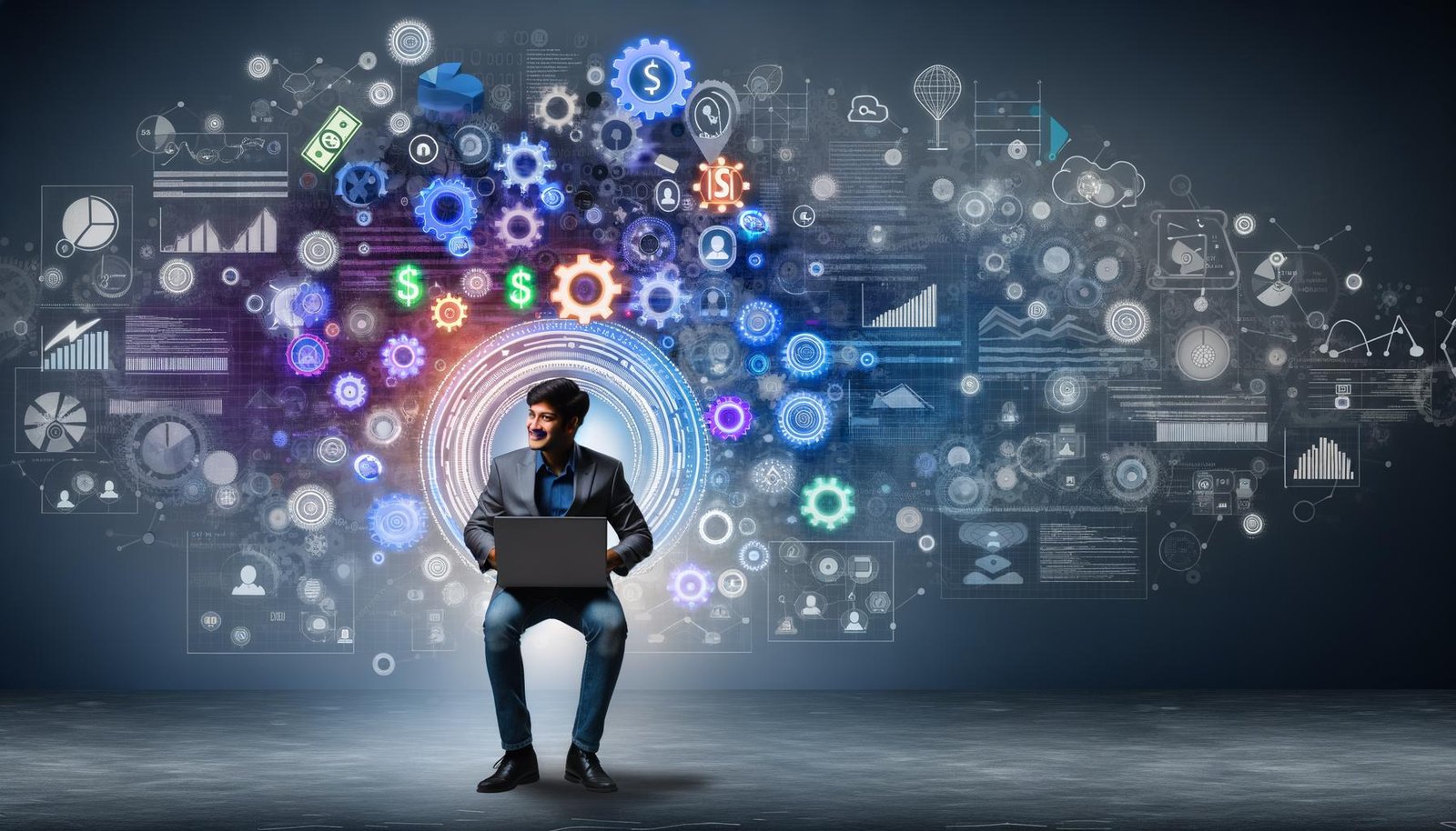 Junger Online-Unternehmer mit Laptop im Zentrum, umgeben von leuchtenden Symbolen und technischen Elementen vor digitalem Hintergrund mit SEO- und Datendiagrammen.