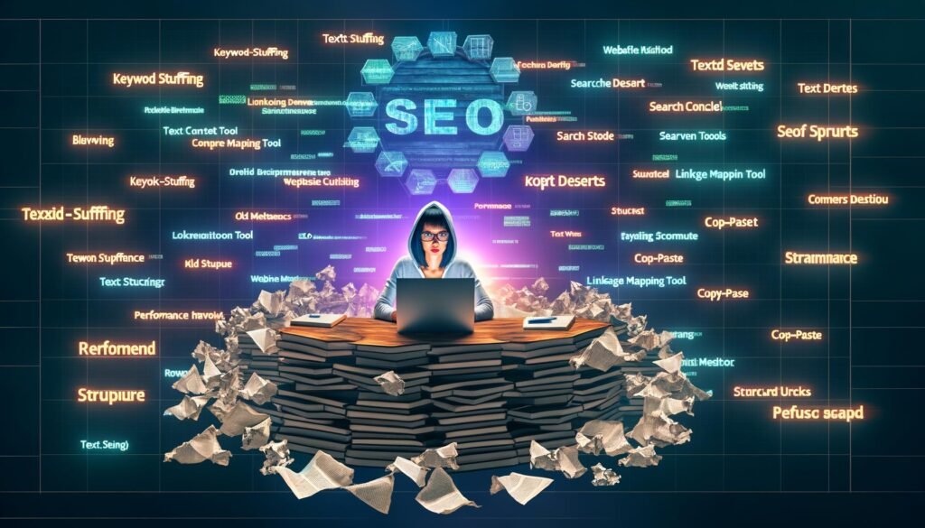 Ambitionierte Redakteurin im Hoodie bei der SEO-Arbeit am Laptop, mit Fachbüchern, Daten und Tools, Google-Rankings im Hintergrund und weggeworfenen alten Content-Strategien.