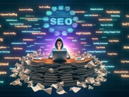 Ambitionierte Redakteurin im Hoodie bei der SEO-Arbeit am Laptop, mit Fachbüchern, Daten und Tools, Google-Rankings im Hintergrund und weggeworfenen alten Content-Strategien.
