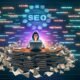 Ambitionierte Redakteurin im Hoodie bei der SEO-Arbeit am Laptop, mit Fachbüchern, Daten und Tools, Google-Rankings im Hintergrund und weggeworfenen alten Content-Strategien.