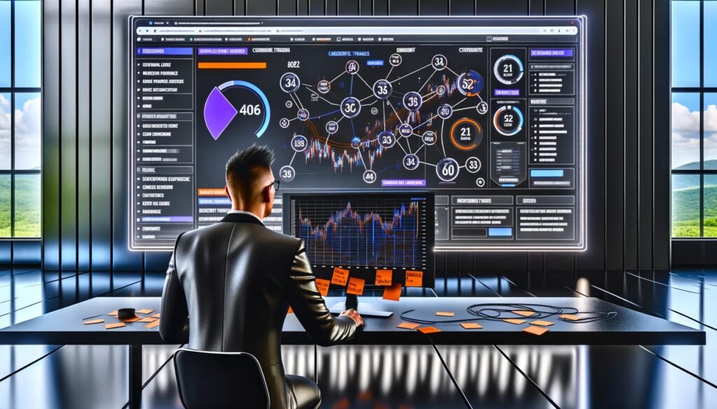 Online-Marketer vor einem großen Monitor mit modernem, datenreichem Analytics-Dashboard, das Kunden-Touchpoints, Kanäle und Conversion-Raten visualisiert. Umgeben von KPIs, Whiteboard und Hinweisen auf Daten-Automatisierung.