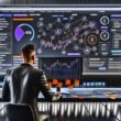 Online-Marketer vor einem großen Monitor mit modernem, datenreichem Analytics-Dashboard, das Kunden-Touchpoints, Kanäle und Conversion-Raten visualisiert. Umgeben von KPIs, Whiteboard und Hinweisen auf Daten-Automatisierung.