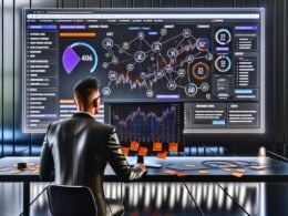 Online-Marketer vor einem großen Monitor mit modernem, datenreichem Analytics-Dashboard, das Kunden-Touchpoints, Kanäle und Conversion-Raten visualisiert. Umgeben von KPIs, Whiteboard und Hinweisen auf Daten-Automatisierung.