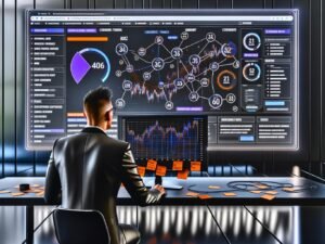 Online-Marketer vor einem großen Monitor mit modernem, datenreichem Analytics-Dashboard, das Kunden-Touchpoints, Kanäle und Conversion-Raten visualisiert. Umgeben von KPIs, Whiteboard und Hinweisen auf Daten-Automatisierung.