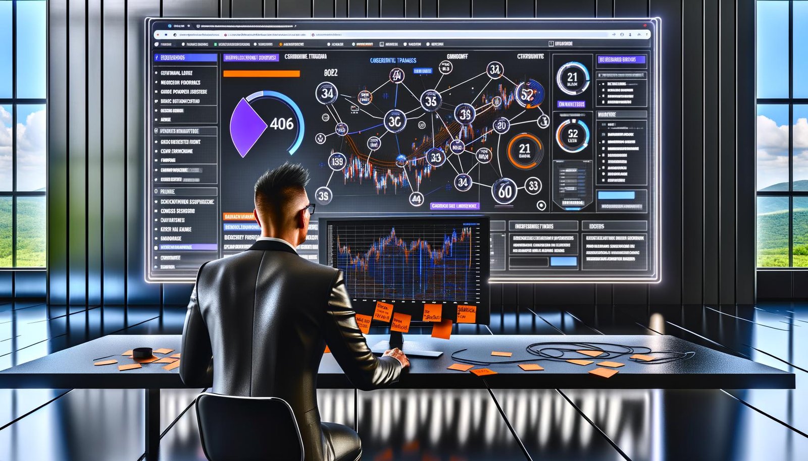 Online-Marketer vor einem großen Monitor mit modernem, datenreichem Analytics-Dashboard, das Kunden-Touchpoints, Kanäle und Conversion-Raten visualisiert. Umgeben von KPIs, Whiteboard und Hinweisen auf Daten-Automatisierung.