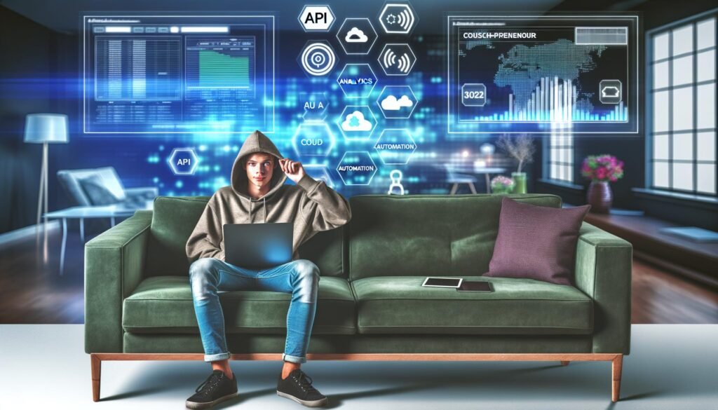 Junger Mann im Hoodie arbeitet mit Laptop und Tablet auf moderner Couch, umgeben von virtuellen Dashboards, Charts und technischen Symbolen.