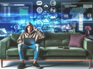 Junger Mann im Hoodie arbeitet mit Laptop und Tablet auf moderner Couch, umgeben von virtuellen Dashboards, Charts und technischen Symbolen.