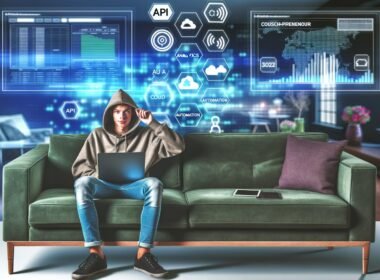 Junger Mann im Hoodie arbeitet mit Laptop und Tablet auf moderner Couch, umgeben von virtuellen Dashboards, Charts und technischen Symbolen.