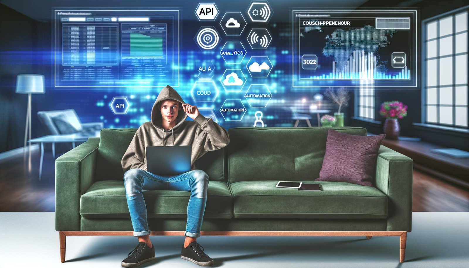 Junger Mann im Hoodie arbeitet mit Laptop und Tablet auf moderner Couch, umgeben von virtuellen Dashboards, Charts und technischen Symbolen.