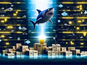 Digitales Titelbild eines Haifischbeckens mit schwimmenden Amazon-Paketen, einem Hai mit Amazon-Logo, verunsicherter Verkäuferfigur mit Laptop und verschwindenden Produktregalen im Hintergrund.