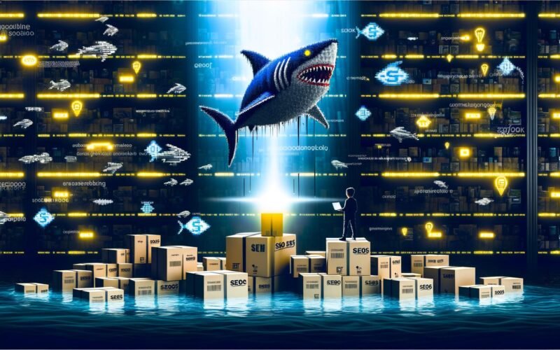 Digitales Titelbild eines Haifischbeckens mit schwimmenden Amazon-Paketen, einem Hai mit Amazon-Logo, verunsicherter Verkäuferfigur mit Laptop und verschwindenden Produktregalen im Hintergrund.