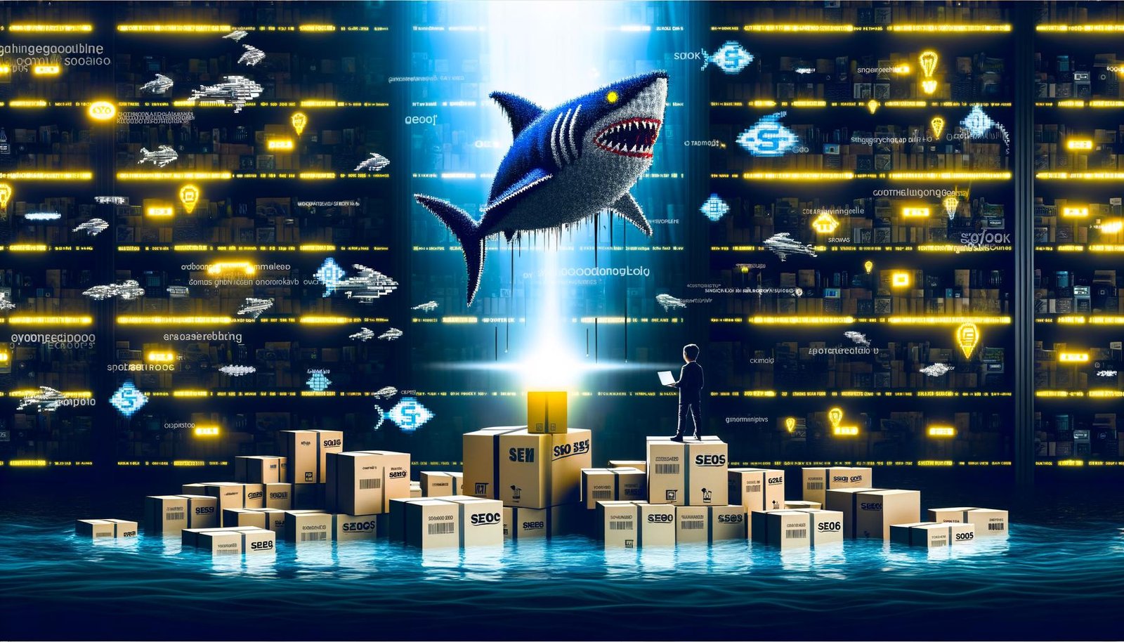 Digitales Titelbild eines Haifischbeckens mit schwimmenden Amazon-Paketen, einem Hai mit Amazon-Logo, verunsicherter Verkäuferfigur mit Laptop und verschwindenden Produktregalen im Hintergrund.