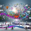Kollage mit digitalen und physischen Touchpoints auf verschlungenen Pfaden, diverse Marketer analysieren Daten in modernem Büro