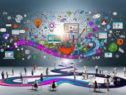 Kollage mit digitalen und physischen Touchpoints auf verschlungenen Pfaden, diverse Marketer analysieren Daten in modernem Büro