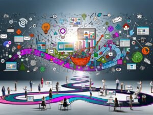 Kollage mit digitalen und physischen Touchpoints auf verschlungenen Pfaden, diverse Marketer analysieren Daten in modernem Büro