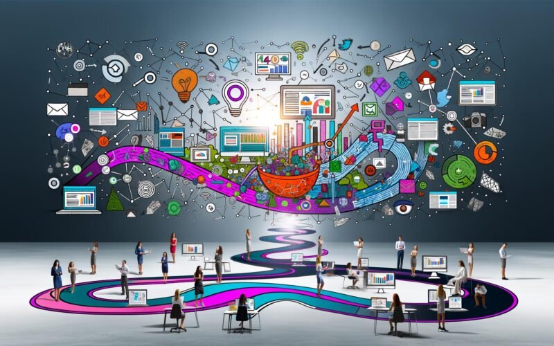 Kollage mit digitalen und physischen Touchpoints auf verschlungenen Pfaden, diverse Marketer analysieren Daten in modernem Büro