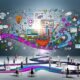 Kollage mit digitalen und physischen Touchpoints auf verschlungenen Pfaden, diverse Marketer analysieren Daten in modernem Büro