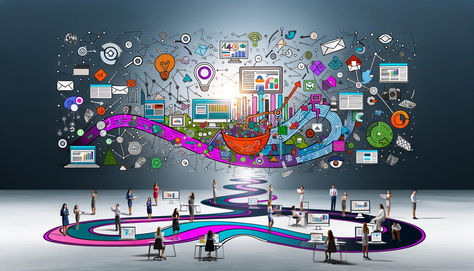 Kollage mit digitalen und physischen Touchpoints auf verschlungenen Pfaden, diverse Marketer analysieren Daten in modernem Büro