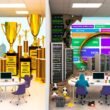 Editorial-Cover mit glamouröser Agentur-Landschaft links, abbröckelnder Werbefassade, technischer Serverraum mit SEO-Tools rechts und einer Lupe im Zentrum, die Schein von Substanz trennt.
