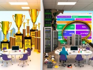 Editorial-Cover mit glamouröser Agentur-Landschaft links, abbröckelnder Werbefassade, technischer Serverraum mit SEO-Tools rechts und einer Lupe im Zentrum, die Schein von Substanz trennt.