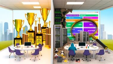 Editorial-Cover mit glamouröser Agentur-Landschaft links, abbröckelnder Werbefassade, technischer Serverraum mit SEO-Tools rechts und einer Lupe im Zentrum, die Schein von Substanz trennt.