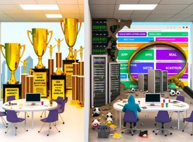 Editorial-Cover mit glamouröser Agentur-Landschaft links, abbröckelnder Werbefassade, technischer Serverraum mit SEO-Tools rechts und einer Lupe im Zentrum, die Schein von Substanz trennt.