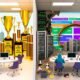 Editorial-Cover mit glamouröser Agentur-Landschaft links, abbröckelnder Werbefassade, technischer Serverraum mit SEO-Tools rechts und einer Lupe im Zentrum, die Schein von Substanz trennt.