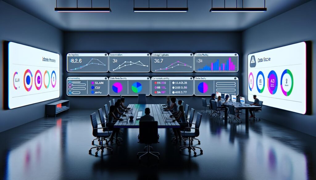 Online-Marketing-Kontrollzentrum mit ultrabreiten Monitoren, farblich akzentuierten Dashboards, KPI-Analysen und diverser Gruppe von Marketers und Data Scientists an Laptops in kühlem Neon-Licht.