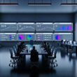 Online-Marketing-Kontrollzentrum mit ultrabreiten Monitoren, farblich akzentuierten Dashboards, KPI-Analysen und diverser Gruppe von Marketers und Data Scientists an Laptops in kühlem Neon-Licht.