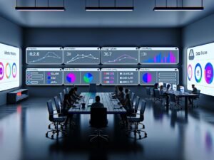 Online-Marketing-Kontrollzentrum mit ultrabreiten Monitoren, farblich akzentuierten Dashboards, KPI-Analysen und diverser Gruppe von Marketers und Data Scientists an Laptops in kühlem Neon-Licht.