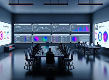 Online-Marketing-Kontrollzentrum mit ultrabreiten Monitoren, farblich akzentuierten Dashboards, KPI-Analysen und diverser Gruppe von Marketers und Data Scientists an Laptops in kühlem Neon-Licht.