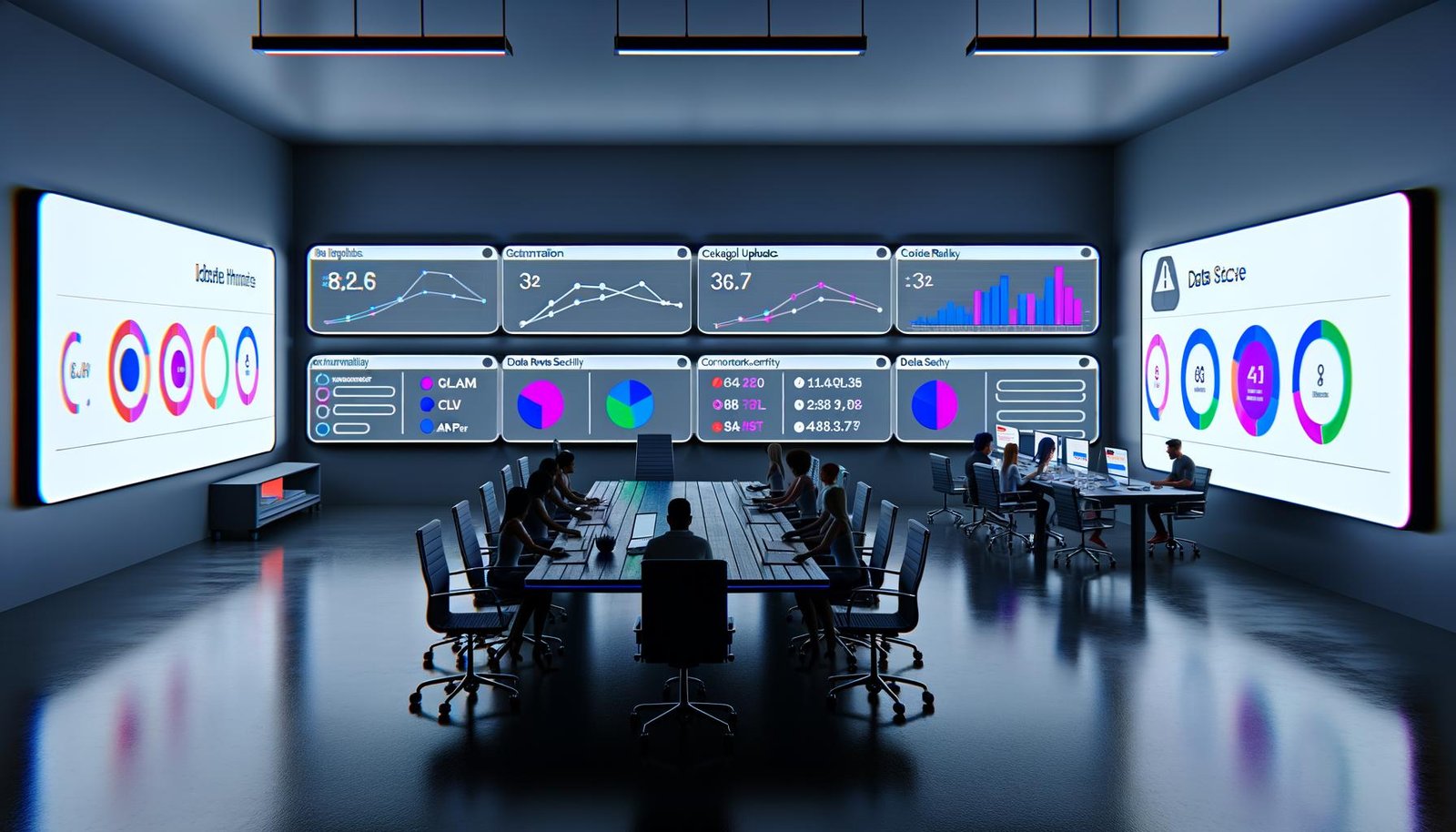 Online-Marketing-Kontrollzentrum mit ultrabreiten Monitoren, farblich akzentuierten Dashboards, KPI-Analysen und diverser Gruppe von Marketers und Data Scientists an Laptops in kühlem Neon-Licht.