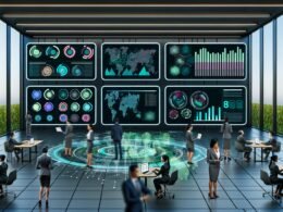 Moderne Kommandozentrale 2025 mit interaktiven digitalen Dashboards, Echtzeit-KPIs und vielfältigen Geschäftsleuten bei der Analyse und Zusammenarbeit.