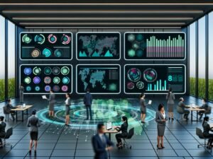 Moderne Kommandozentrale 2025 mit interaktiven digitalen Dashboards, Echtzeit-KPIs und vielfältigen Geschäftsleuten bei der Analyse und Zusammenarbeit.