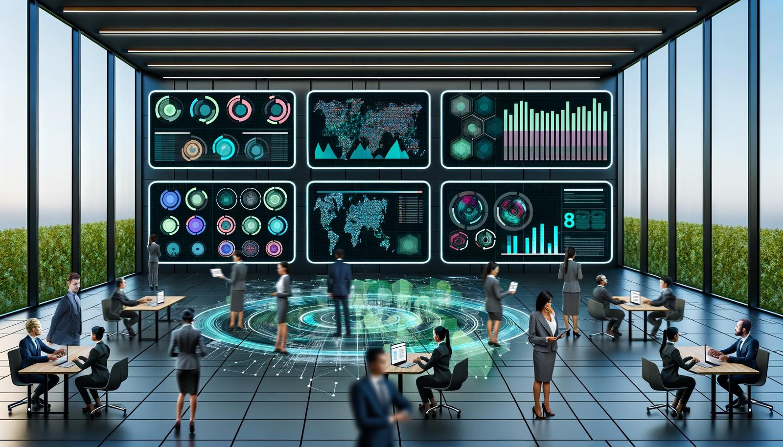 Moderne Kommandozentrale 2025 mit interaktiven digitalen Dashboards, Echtzeit-KPIs und vielfältigen Geschäftsleuten bei der Analyse und Zusammenarbeit.