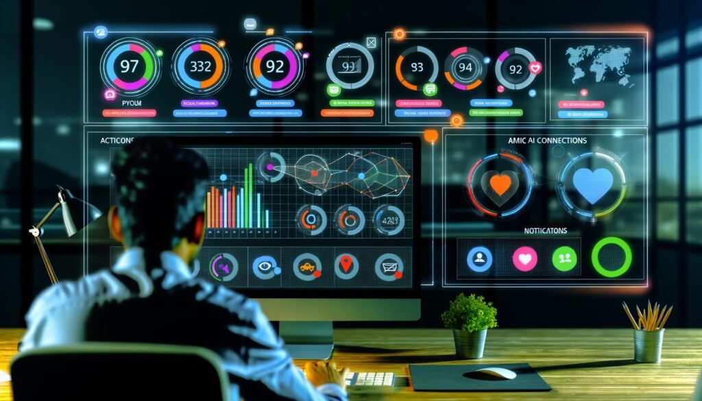 Modernes Dashboard im Dark Mode mit vielfältigen Diagrammen, KPIs, Datenquellen-Icons und aktivem Nutzer am Schreibtisch