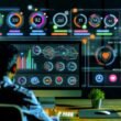 Modernes Dashboard im Dark Mode mit vielfältigen Diagrammen, KPIs, Datenquellen-Icons und aktivem Nutzer am Schreibtisch