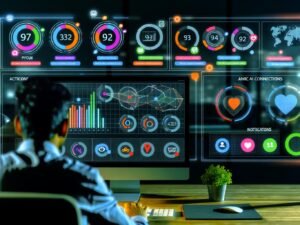 Modernes Dashboard im Dark Mode mit vielfältigen Diagrammen, KPIs, Datenquellen-Icons und aktivem Nutzer am Schreibtisch